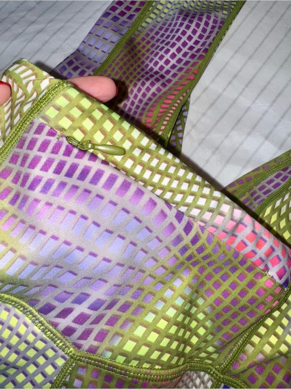 Fabletics Lime Green and Purple Printed High-Waist Leggings - Picture 2 of 4